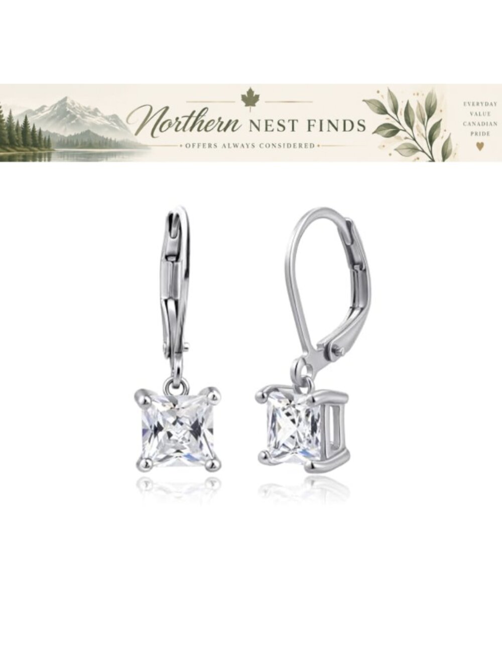 Silver Cubic Zirconia Leverback Drop Dangle Earrings Princess Cut Elegant